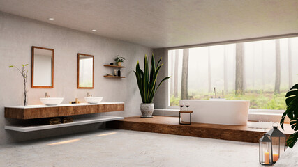 3D illustration of spacious modern bathroom with round bathtub