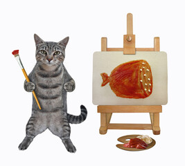 A gray cat artist with a paintbrush paints a piece of sausage on a canvas on an easel. White background. Isolated.