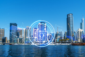 Skyscrapers of Dubai business downtown. International hub of trading and financial services. Lock...