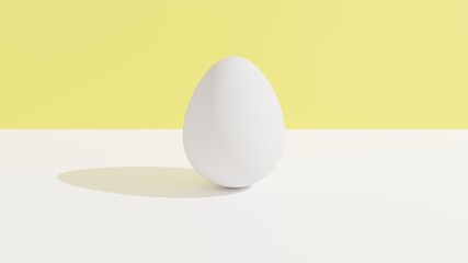 Egg on white table and yellow background. 3d rendering. Concept artwork.