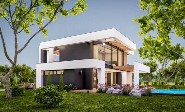 3d rendering of modern cozy house with pool and parking for sale or rent in luxurious style and beautiful landscaping on background. Clear summer evening with cozy light from window