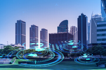Fototapeta premium Panoramic view skyscrapers. Modern cityscape of the capital of the Emirate of Dubai. Technology concept. Double exposure.