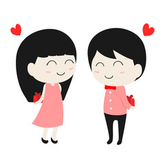 Flat Cute Cartoon Character Couple Love in Valentine's Day Isolated on white background