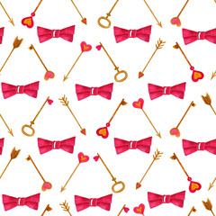 Watercolor hand painted illustration. Seamless pattern with Valentine's day elements. For card, design, print or background.for a print, postcard, poster for Valentine`s day, birthday, February 14.