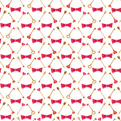 Watercolor hand painted illustration. Seamless pattern with Valentine's day elements. For card, design, print or background.for a print, postcard, poster for Valentine`s day, birthday, February 14.