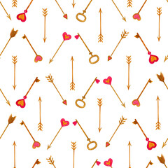 Watercolor hand painted illustration. Seamless pattern with Valentine's day elements. For card, design, print or background.for a print, postcard, poster for Valentine`s day, birthday, February 14.