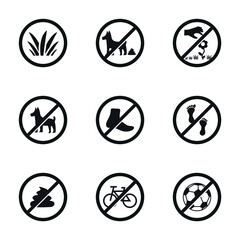 Vector image. Prohibition icons in parks. Forbidden to ride a bike, step on the grass, poop the dog, pick flowers and play ball.