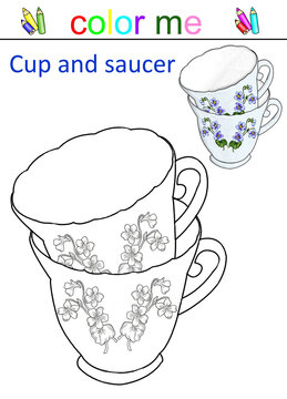 Illustration coloring book with the image of kitchen utensils. Children's pictures with colorful cups and a sketch for coloring on a white background close-up.
