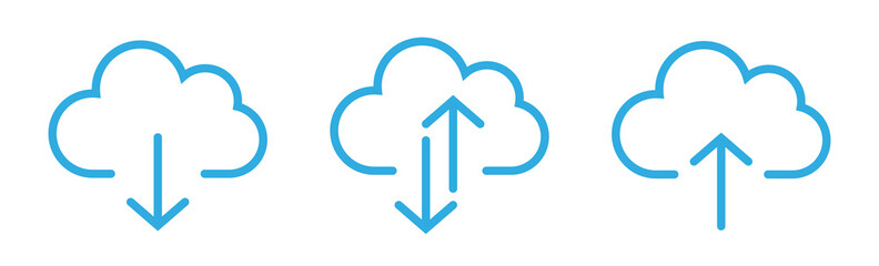 Collection cloud with arrow line icon. Upload and download cloud arrow vector symbols. Clouds with arrows up and down isolated blue signs. - obrazy, fototapety, plakaty