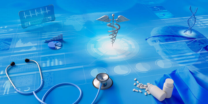 Holograms of caduceus, dna helix and transparent screen with heart pulse, stethoscope and pill container on blue background with infographics. 3d illustration. Medical science concept backdrop.