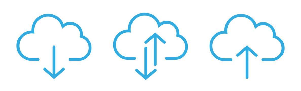 Collection cloud with arrow line icon. Upload and download cloud arrow vector symbols. Clouds with arrows up and down isolated blue signs.