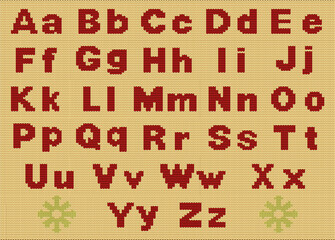 Vector knitted alphabet. Red characters on yellow background