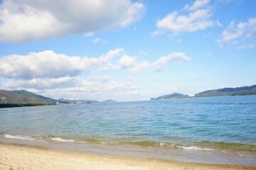 Fototapeta na wymiar View of Amanohashidate Beach with beautiful sky , Kyoto, Kansai Region, Japan - 天橋立海水浴場 日本三景 京都