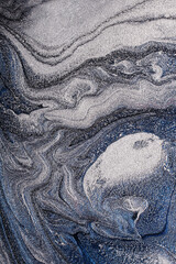 Silver metallic abstract background. Make up concept.Beautiful stains of liquid nail laquers.Fluid art,pour painting technique.Vertical banner,can be used as backdrop for chat.