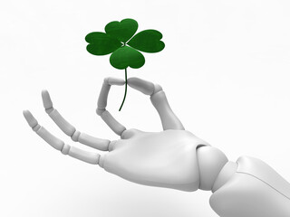 Close up of a white hand of a cyborg that is gently holding a four leaf clover among its forefinger and thumb