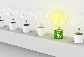Row of ordinary bulbs off on white lamp holder except of a ecological light bulb with pine shaped filament lit, on a green lamp holder that stands out from the others