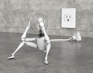 A light bulb character is sitting sadly on the floor holding his bulb with the hands because his plug isn't the right one for the socket on the wall and he can't plug it in