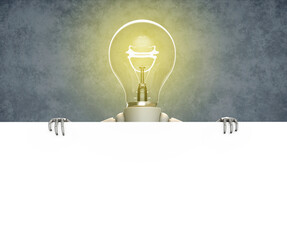 Front view of a light bulb character with lit bulb that is holding in front of him a horizontal big blank advert poster, on an abstract gray background