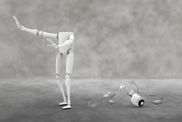 Front view of a light bulb character that is groping around because he has broken and missed the bulb and can't see. The broken bulb with some pieces of glass are scattered on the floor