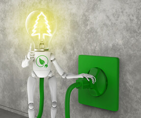 A light bulb character with a lit pine shaped filament gives approval with its thumb up, standing next to a green plug inserted in a socket on the wall