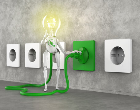 A light bulb character gives approval on green energy with its thumb up, standing next to a green plug inserted in a socket on the wall among others ordinary white plugs