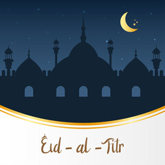Eid Mubarak islamic on the beautiful night with moon , eid al fitr happy holiday design greeting card banner background , vector illustration