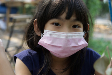 Cute Child girl asian wear mask mouth and nose cover protect virus and dust