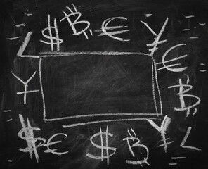 Dollar, Euro, Yen and Bitcoin currency symbols, signs frame drawn on black chalkboard with white chalk, blackboard background, texture