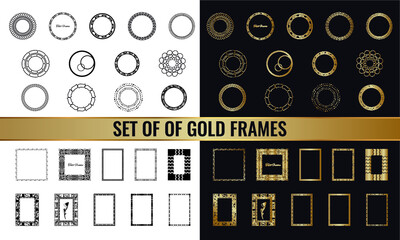 large set of golden frames, isolated objects on white background. Vector illustration
