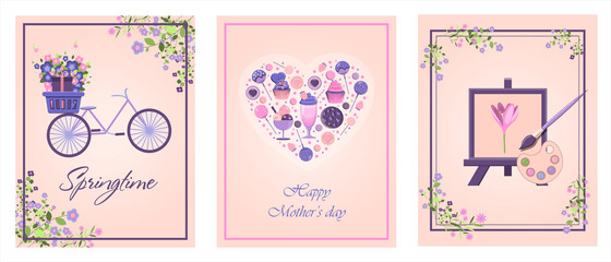 Fototapeta na wymiar Card for the international mother s day. Vector illustration with text, flowers and greetings. A woman holds a little girl in her arms, mother and daughter.Happy Mother s Day. Card with beautiful