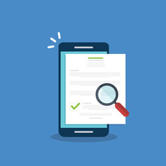 Online digital document inspection or assessment evaluation on smartphone, contract review, analysis, inspection of agreement contract, compliance verification. Vector illustration