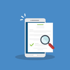 Online digital document inspection or assessment evaluation on smartphone, contract review, analysis, inspection of agreement contract, compliance verification. Vector illustration