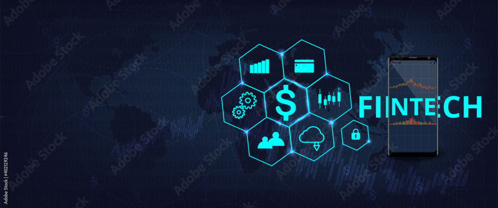 Poster fintech abstract background concept.mobile phone rendering represent financial internet technology c