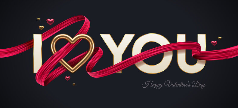 Valentines day greeting illustration. Words I Love You with golden realistic heart and red paint ribbon. Vector illustration.