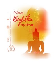Indian festival with text Buddha Purnima, illustration is showing Buddha seated absorbed in meditative position with beautiful shiny night background.