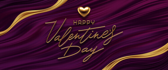 Valentines day vector illustration. Realistic golden metal heart, calligraphic greeting and golden ribbon on purple fluid waves background.