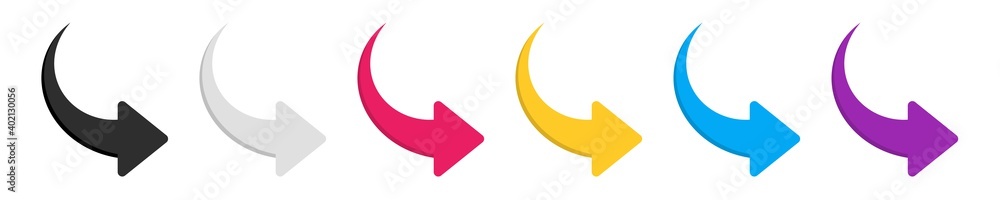 Poster arrow right icons set. color arrow symbols. collection curved arrows. modern flat simple arrows isol