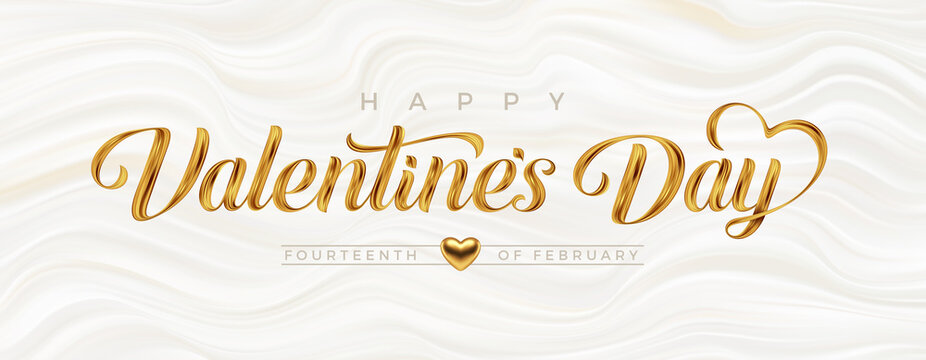 Valentines day greeting card. Lettering calligraphy with golden paint brush strokes on a fluid waves background. Vector illustration.