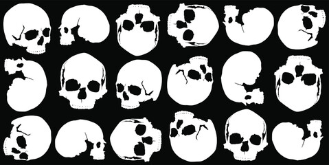 black background of white skulls in several different positions