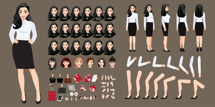 Businesswoman Cartoon Character Creation Set With Various Views, Hairstyles, Face Emotions, Lip Sync And Poses. Parts Of Body Template For Design Work And Animation.