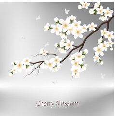 Vector banner with cherry blossom. Blossoming branch with white flowers template. Spring blooming cherry background with white butterflies. Ideal for wedding design, invitation or greeting card, cover