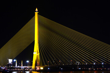 The beautiful suspension bridge at night over the Chao Phraya River