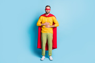 Full length body size photo of hero in mantle mask suffering from diarrhea poisoning symptoms...
