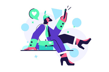 Girl with bag sitting in the phone while sitting on the plane, girl in high heels isolated on white background, flat vector illustration