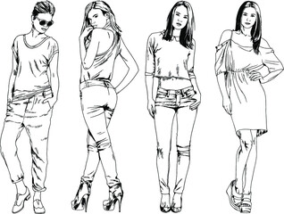 vector drawings on the theme of beautiful slim sporty girl in casual clothes in various poses painted ink hand sketch with no background