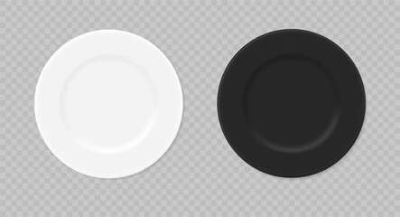 Empty white and black plates. Vector 3d realistic. Mockup. Two round food dish isolated on transparent background. blank template. Top view. EPS10.