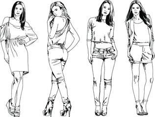 Fototapeta na wymiar vector drawings on the theme of beautiful slim sporty girl in casual clothes in various poses painted ink hand sketch with no background