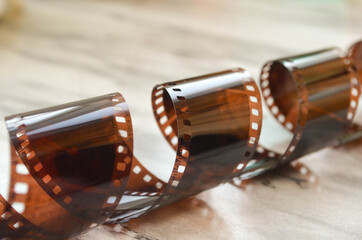 Close up picture of a camera roll. Macro picture, vintage negative film.