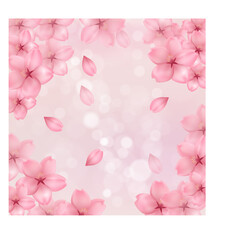 Spring background with place for text. Vector illustration with cherry blossom flowers, flying petals. Pink sakura. Blurred abstract background in soft pastel colors. Delicate floral design. Eps 10.