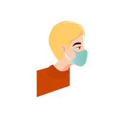 Blond young man wearing medical mask isolated on white background. Vector illustration.
